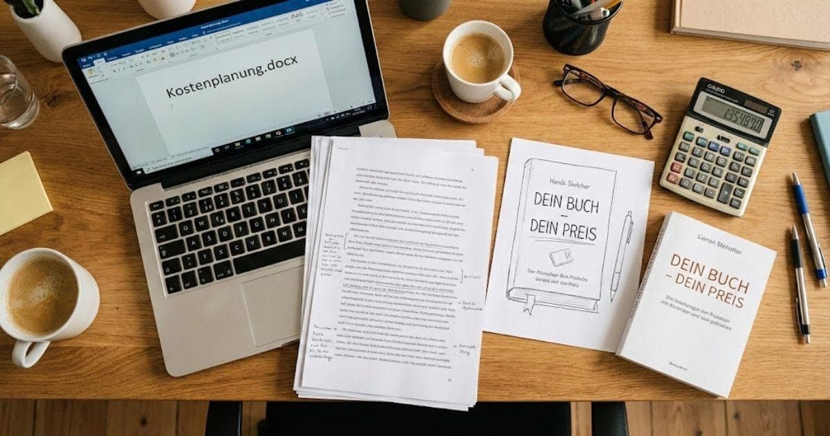 Publishing budget workspace with a laptop, manuscript pages, calculator, and books