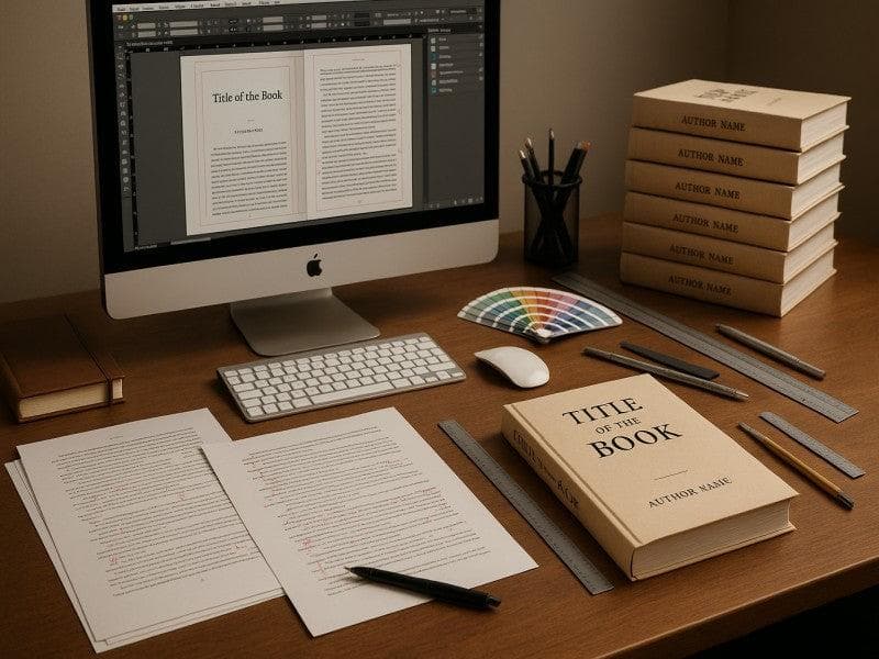 Publishing desk with manuscript pages, book layout software, and finished paperbacks