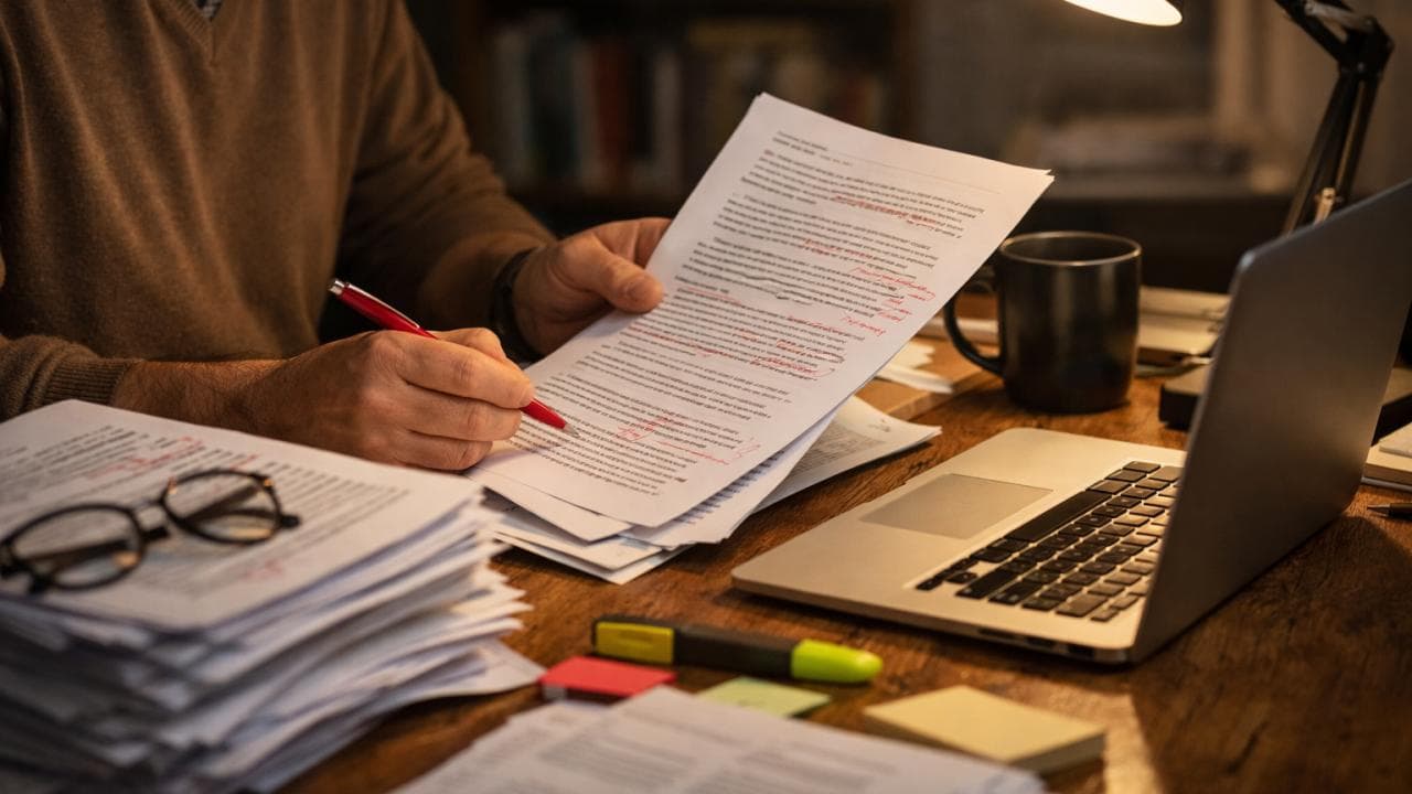 Editor reviewing marked-up manuscript pages beside a laptop